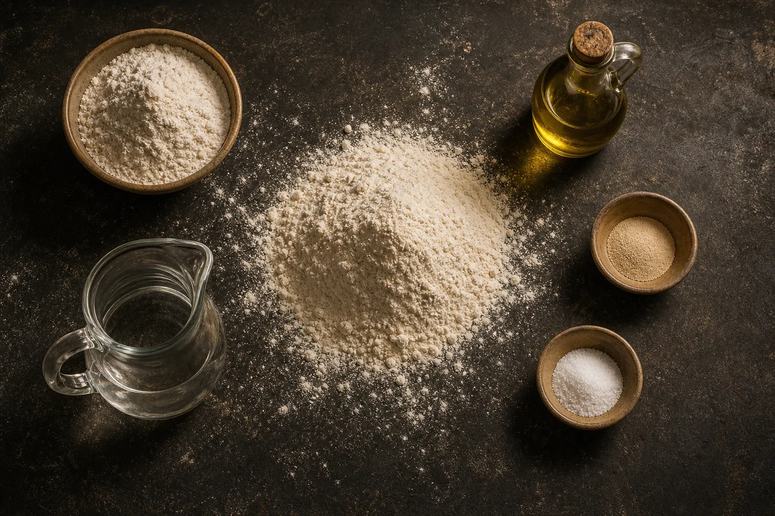 Composizione illustrativa di farina, acqua, lievito, sale e olio su un piano scuro